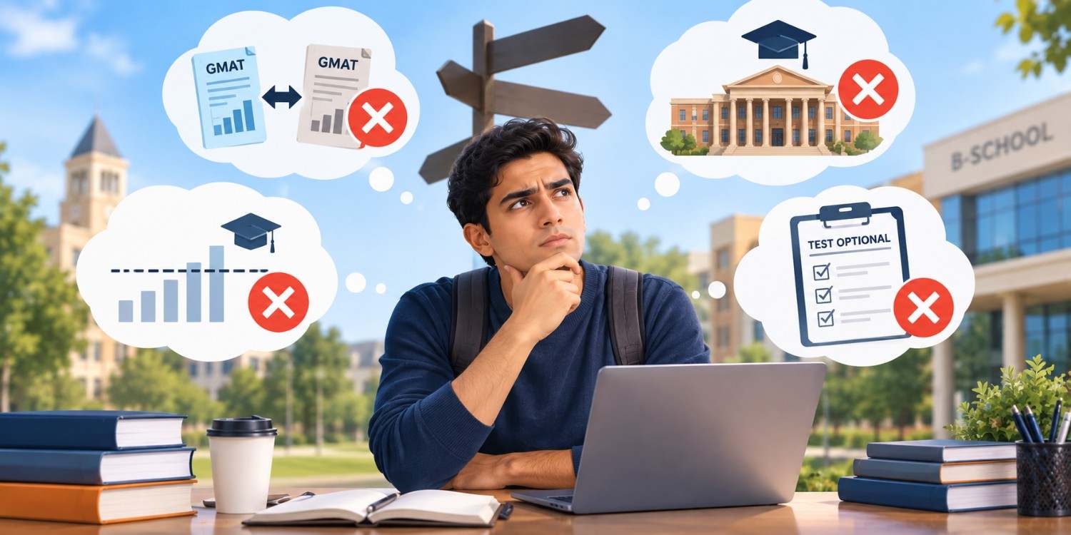 Student comparing low-GMAT business school options while considering score formats, admission cutoffs, program fit, rankings and test-optional policies.